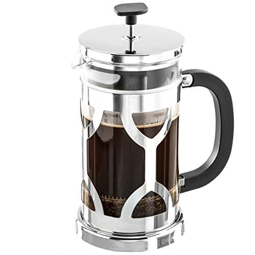 Levivo Kaffeebereiter / Stempelkanne aus hitzebeständigem Glas mit verchromtem Edelstahlrahmen, 1,0 l