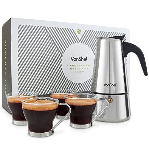 VonShef Espressokocher 6 Tassen Herdplatte Espresso Kaffeemaschine mit 4 Mokkatassen aus Glas - Edelstahl