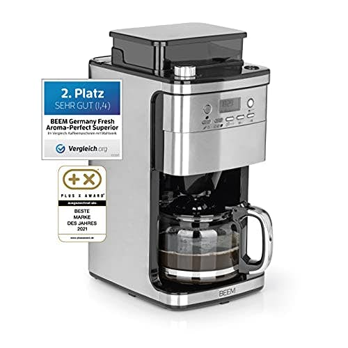 BEEM Fresh-Aroma-Perfect Superior | Filterkaffeemaschine mit Mahlwerk und intelligenter Wasserzufuhr| 1,5 l Glaskanne, 24 h Timer, Warmhalteplatte [Edelstahl, 1050 Watt]